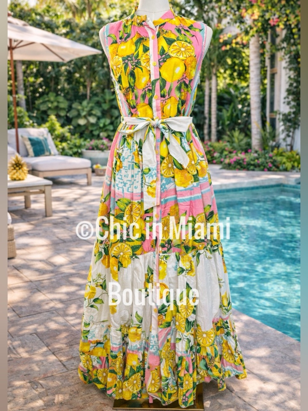 Antica Sartoria 2026 Sleeveless Lemon Print Maxi Dress - Pink & Yellow